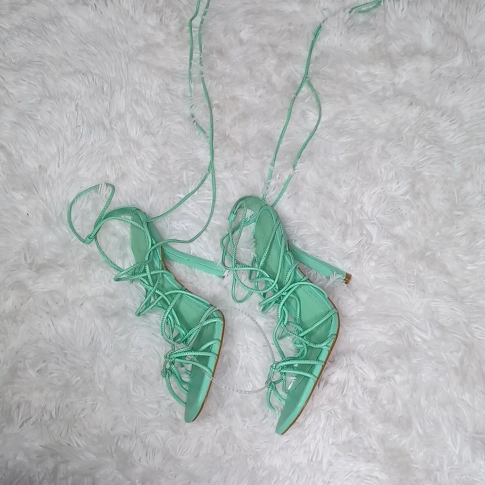 SCHUTZ Heyde Nappa Leather Heeled Strappy Lace Up Sandal Mint Green NEW Size 9.5 - Picture 7 of 10